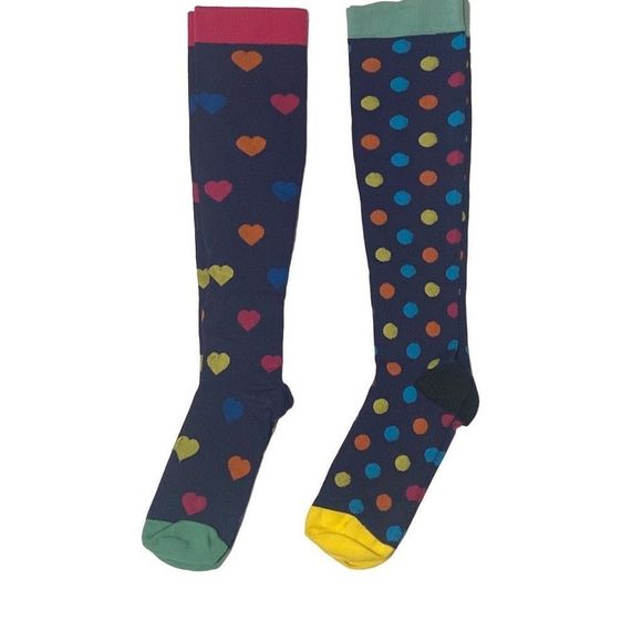 Compression Socks Knee High Colorful Hearts Polka Dots Size L/XL Lot of 2 - Picture 1 of 5